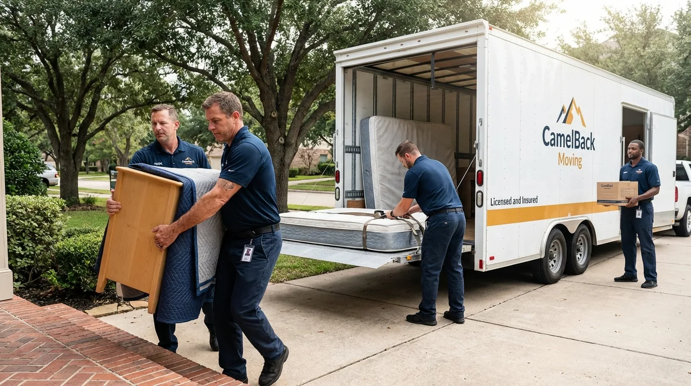 Crew loading residential truck for cross-state move from Bloomington, CA