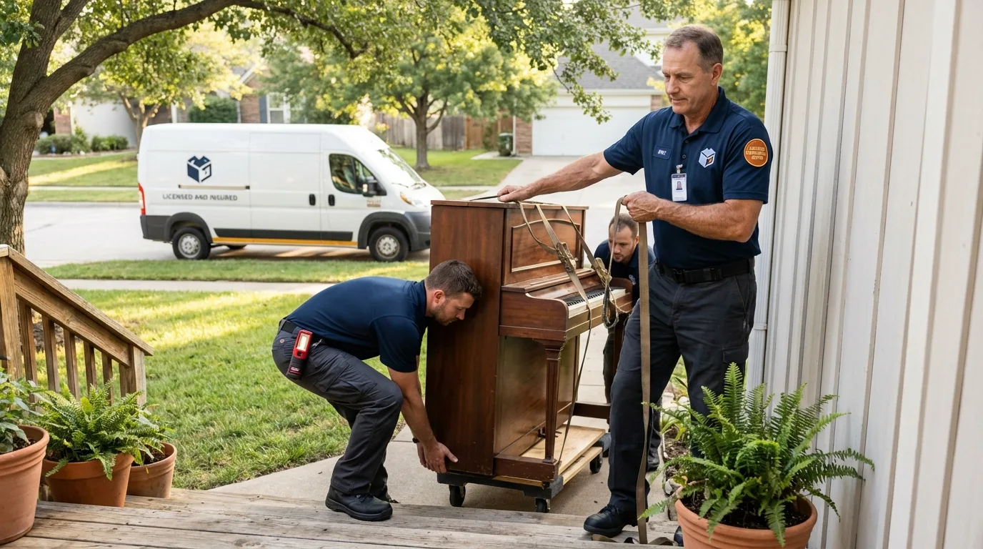 Licensed piano movers securing grand piano in Bloomington, CA