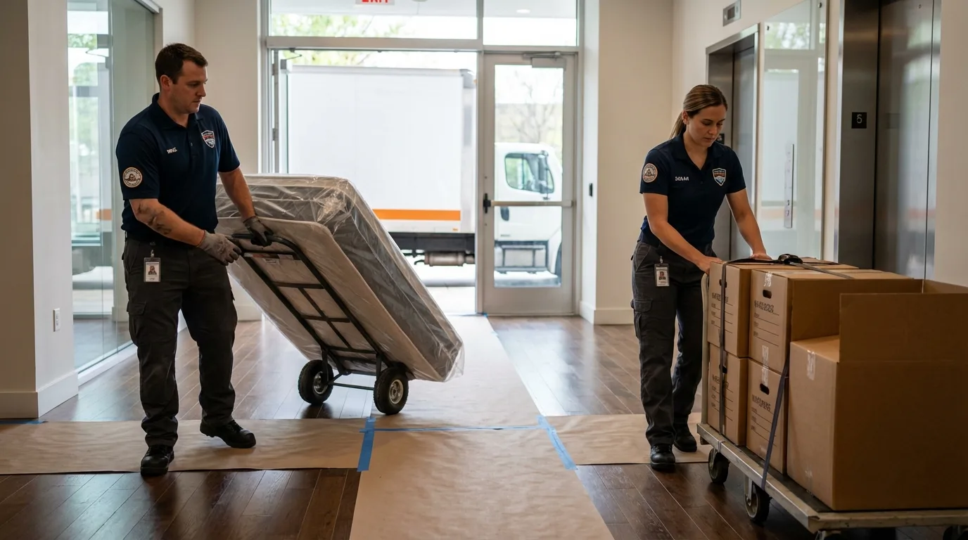 Professional apartment movers loading elevator in Bloomington, CA